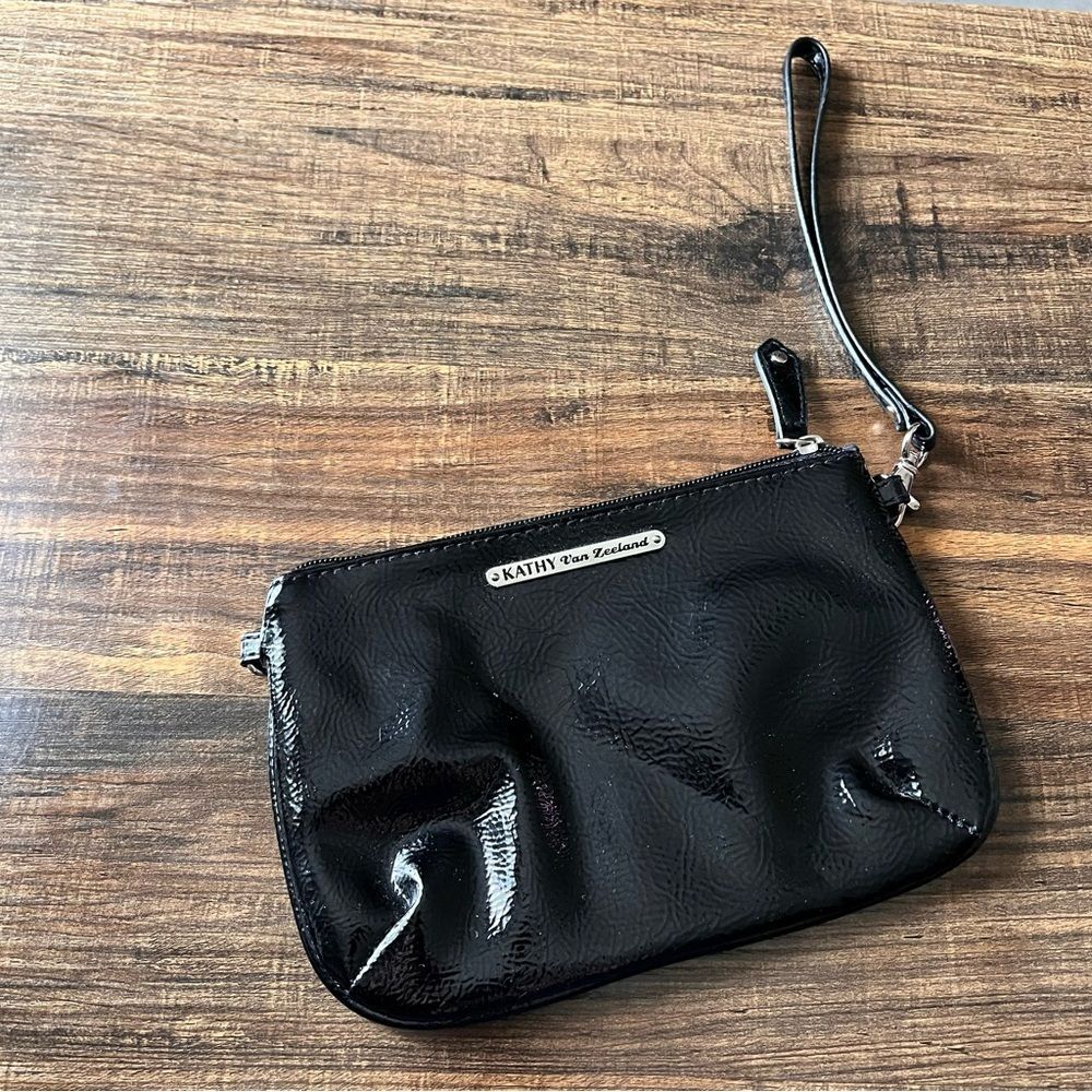 Kathy Van Zeeland Glossy Black Zip Top Wristlet Small Handbag Purse
